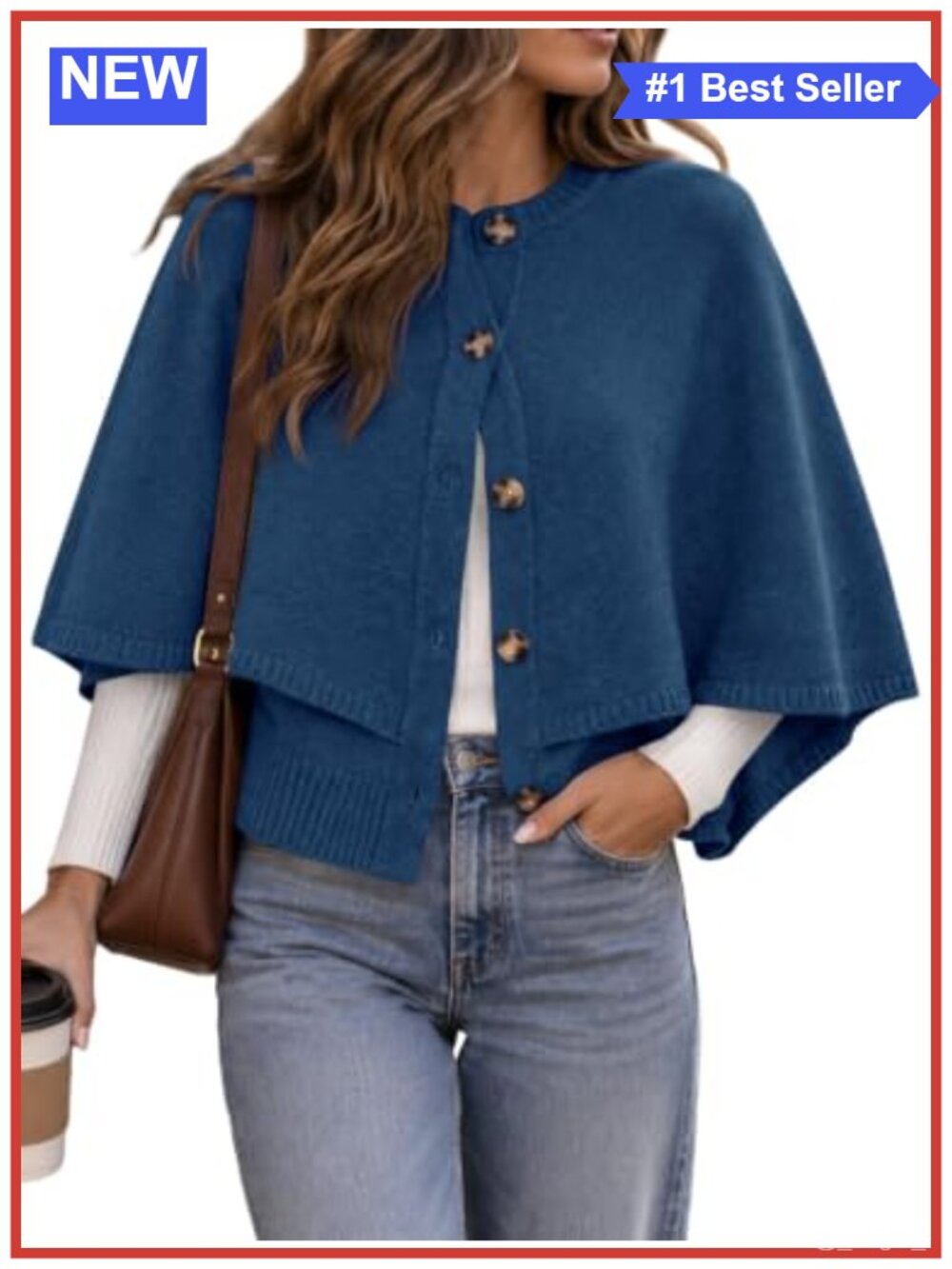Saodimallsu Cropped Cape Cardigan Button Up Crew Neck Knit Sweater